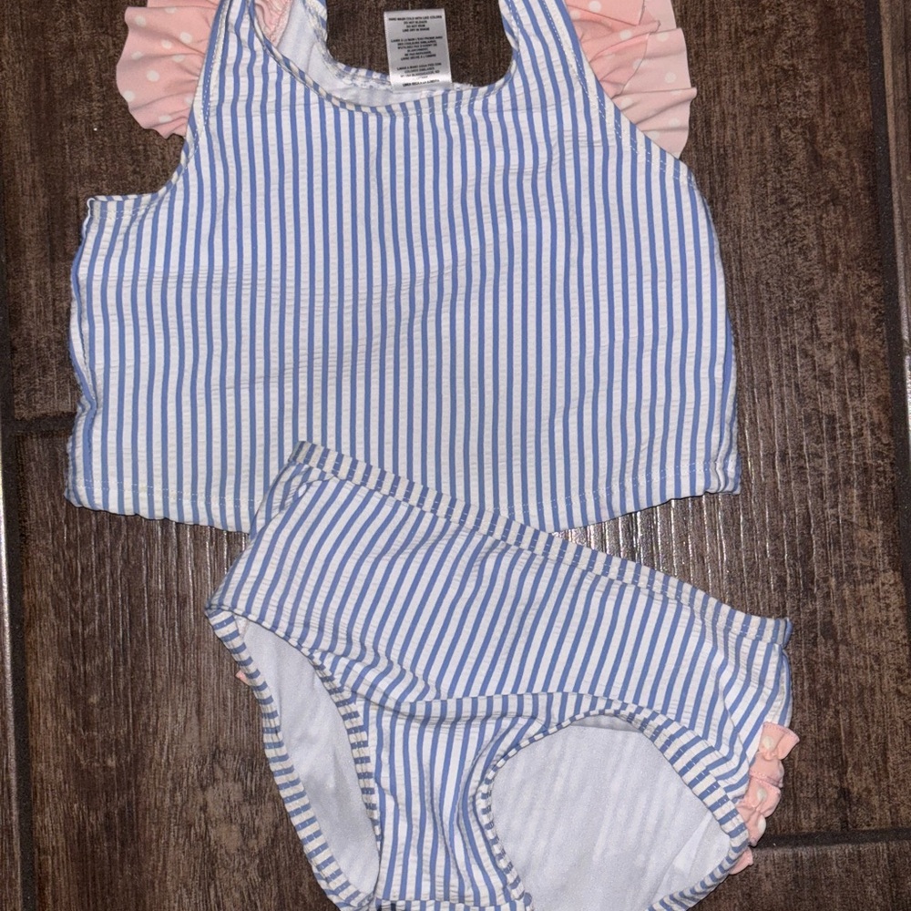 Ruffle Butts girls Blue Striped swimsuit with Pink Accents - Picture 2 of 3